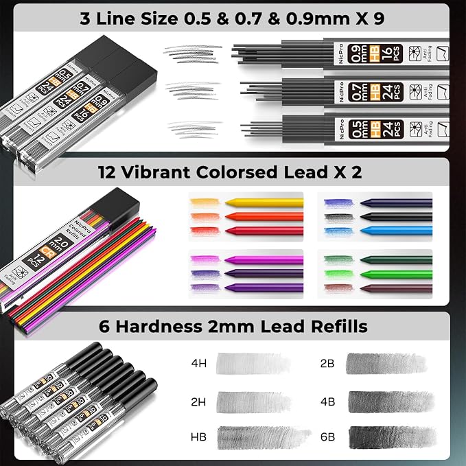 Nicpro 37PCS Art Mechanical Pencil Set, Metal Drafting Pencils 0.5 mm, 0.7 mm - Image 4