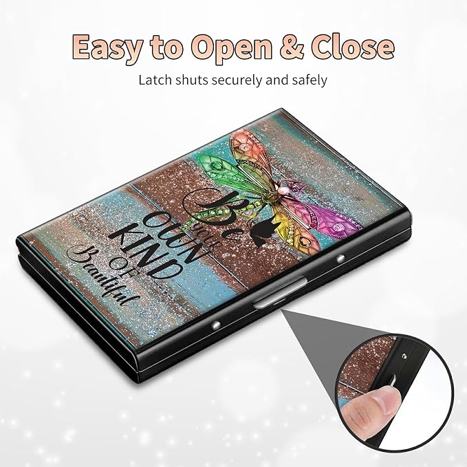 BWEGRHE Slim Credit Card Holder, Dragonfly Glitter Wood RFID Blocking Metal - Image 6