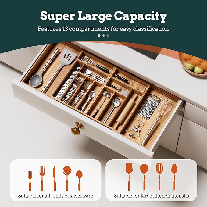 Silverware Organizer Large, Magnetic Connected Expandable 13 Slots Silverware - Image 2