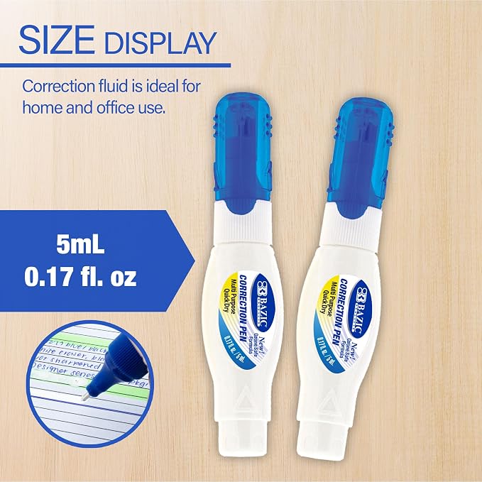 BAZIC Products Correction Pen – Corrections Fluid, Precise Metal Tip White Out - Image 2