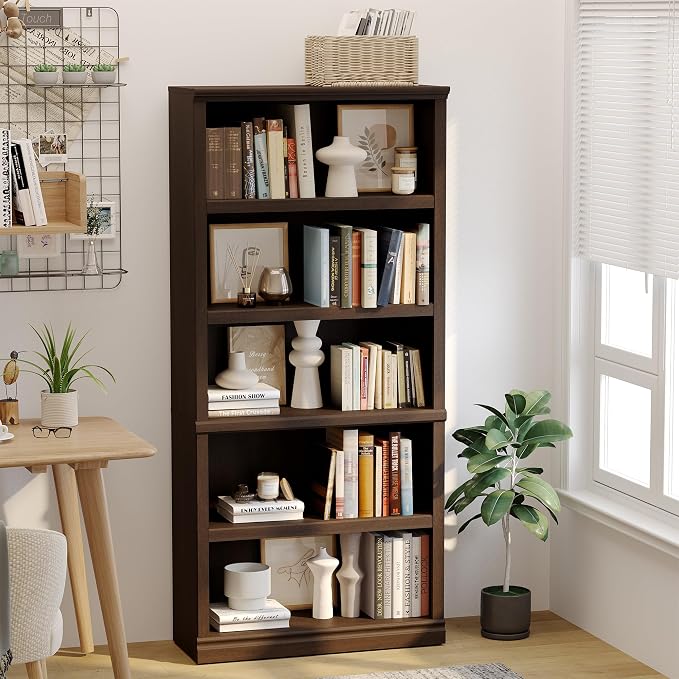 blini 5-Shelf Tall Bookcase Wooden Bookshelves 33in Wide Floor Standing Display by blini