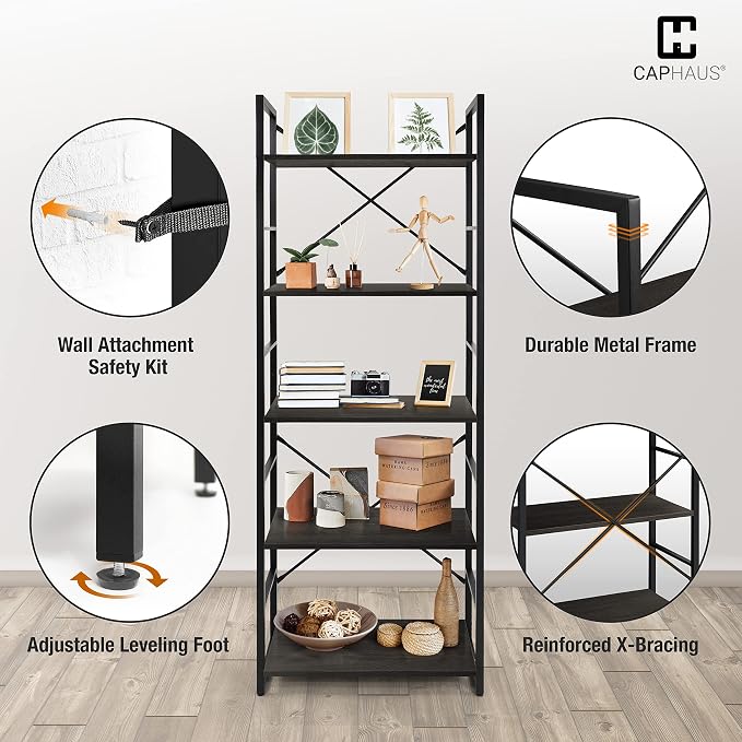 CAPHAUS 5 Tier Bookshelf, 24 Inch Width Free Standing Shelf, Bookcase Shelf - Image 5