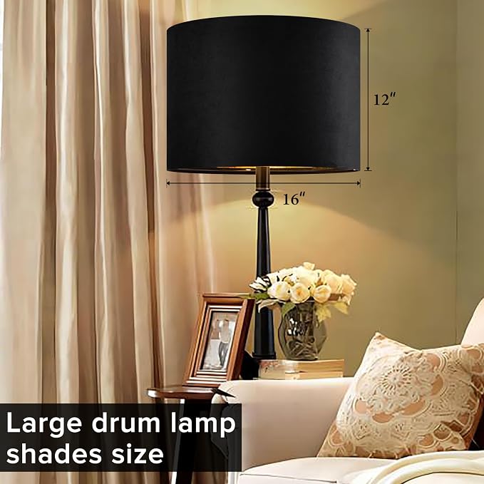 GO&SO Black Velvet Lamp Shades Set of 2 Large Drum Lampshades -16" Top x 16" - Image 4