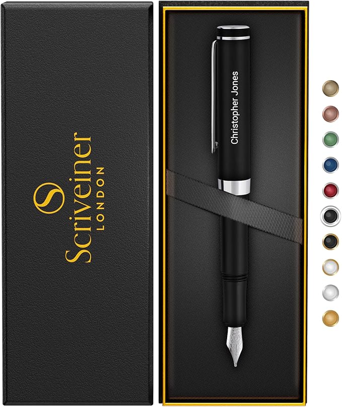 Scriveiner Personalized Luxury EDC Fountain Pen, Stunning Matt Black Pocket Pen by Scriveiner