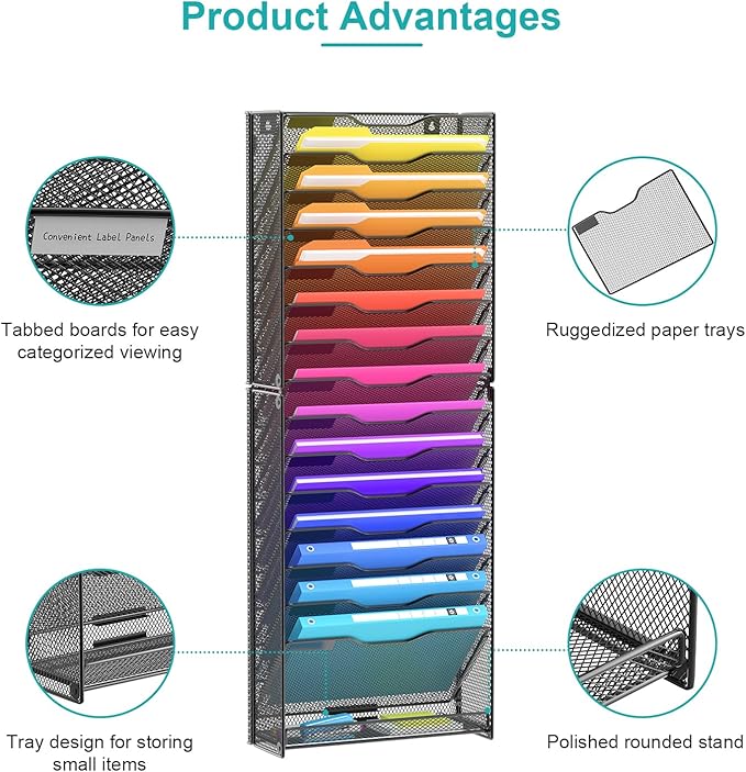 VEESUN Wall File Organizer, 16-Tier Mesh File Holder, Vertical Document Rack - Image 3