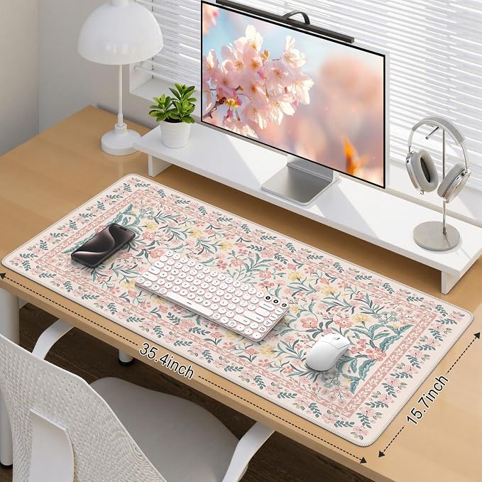 iCasso Pink Floral Desk Mat, Desk Pad, XXL Large Mouse Pad, Anti-Slip Big - Image 2