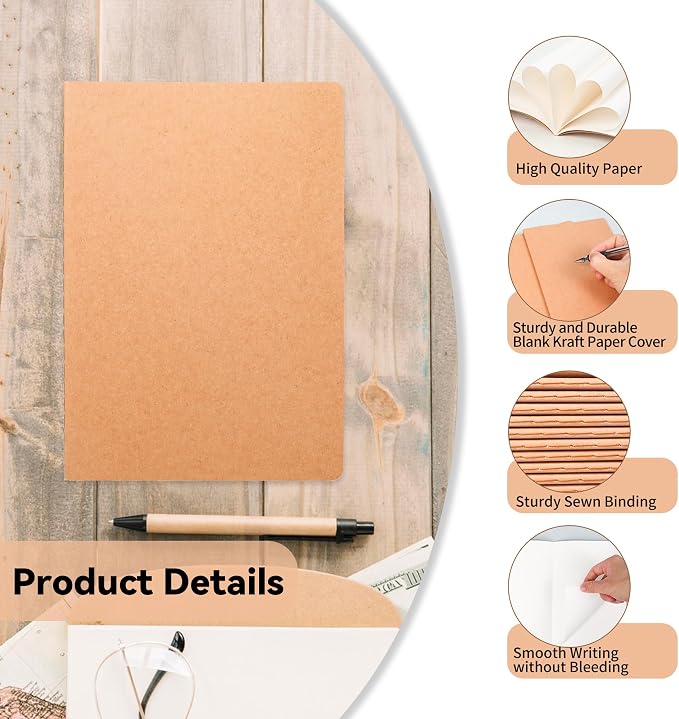 4 Pack Blank Kraft Notebooks, 8.3x5.5 Inches A5 Small Journals Bulk Blank - Image 3