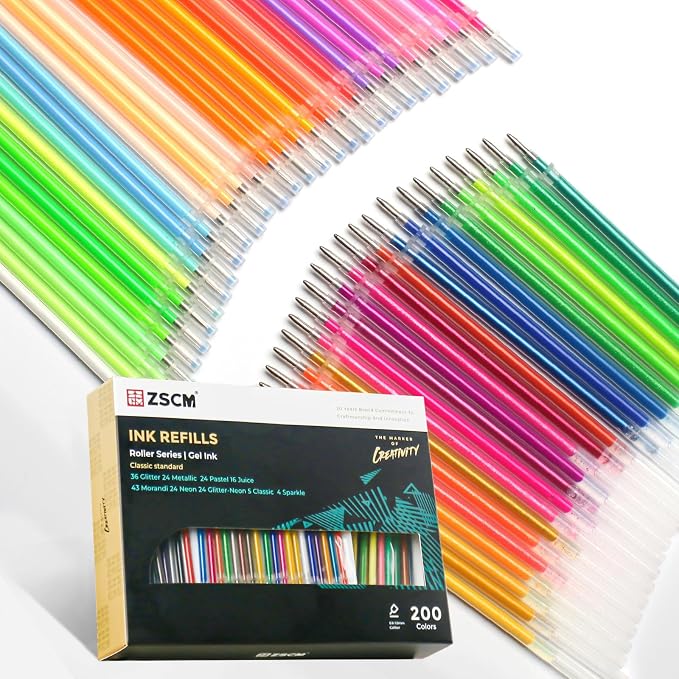 ZSCM 200 Colors Gel Pen Ink Refills, Glitter Neon Gel Ink Pens Refills Replace by ZSCM