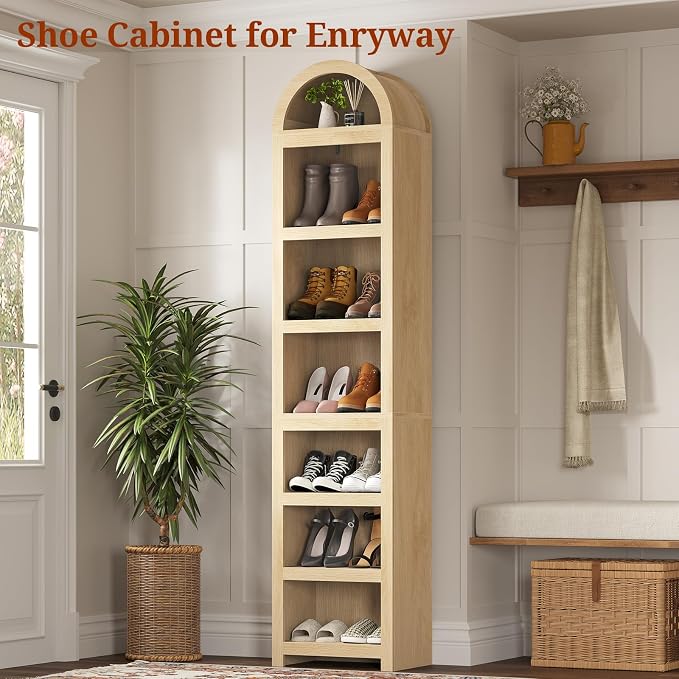 UPOSOJA 76" Tall Narrow Arched Bookcase, 7-Teir Mid-Century Modern Bookshelf - Image 5