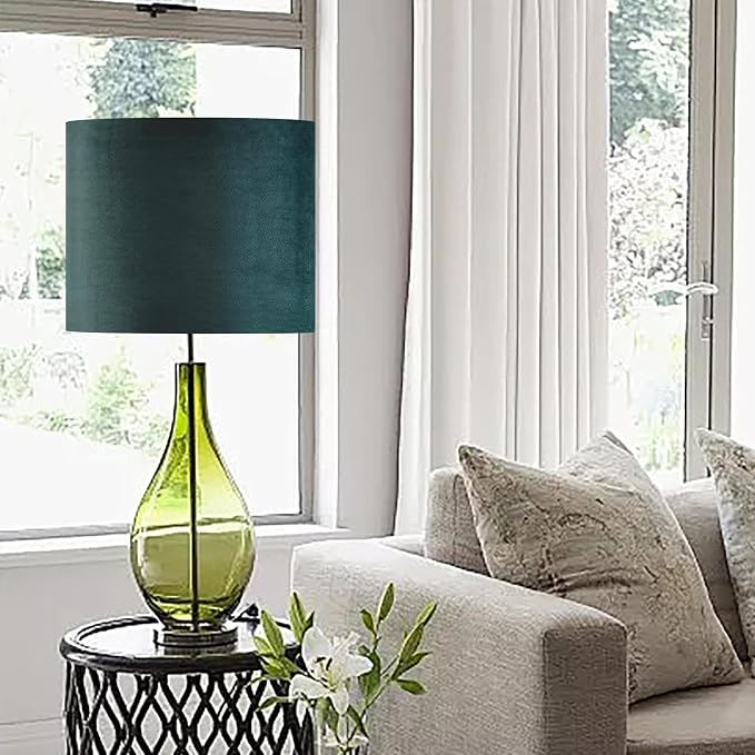 Green Velvet Lampshades Set of 2 Medium Drum Lamp Shade 13" Top x 13" Bottom x - Image 7