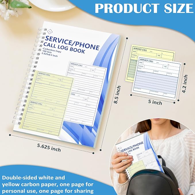 100 Sets Service Call Log Book 5 5/8 x 8 1/2" 2 Part Carbonless 2 Message Sets - Image 2