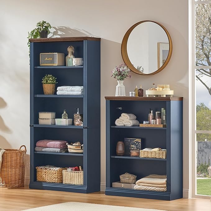 RWYHG 43" Blue Tall Bookshelf Set of 2, 3-Tier Thick Wooden Book Shelf - Image 4