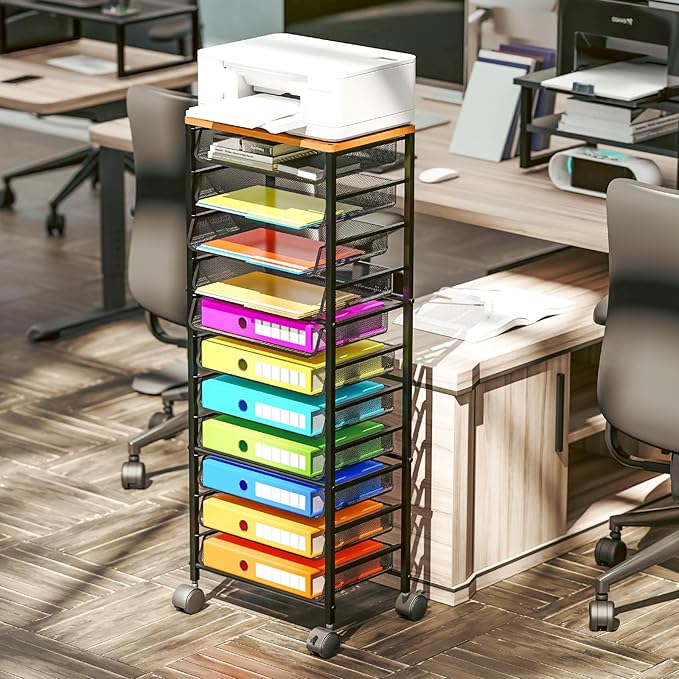Simple Trending 12 Tier Rolling File Cart, Wood Desk File Organizer - Image 3