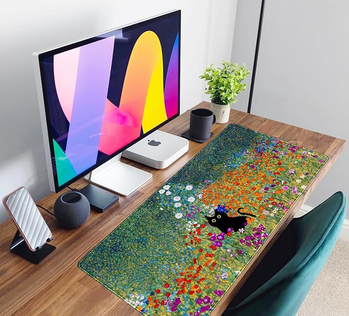 Desk Pad Cute Black Cat Oil Painting Art Floret Desk Mat Office Desk Decor - Image 6
