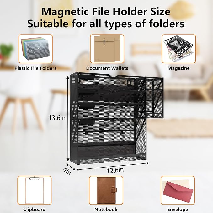 KZWKRG Magnetic File Holder, Magnetic File Organizer Wall Mount, 5 Tier Hanging - Image 4