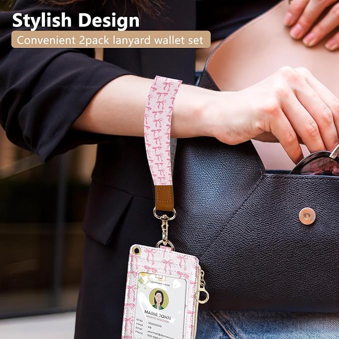 bolimoss Cute Pink Bow Lanyard Wallet, 2-in-1 ID Badge Holder & Leather Credit - Image 3