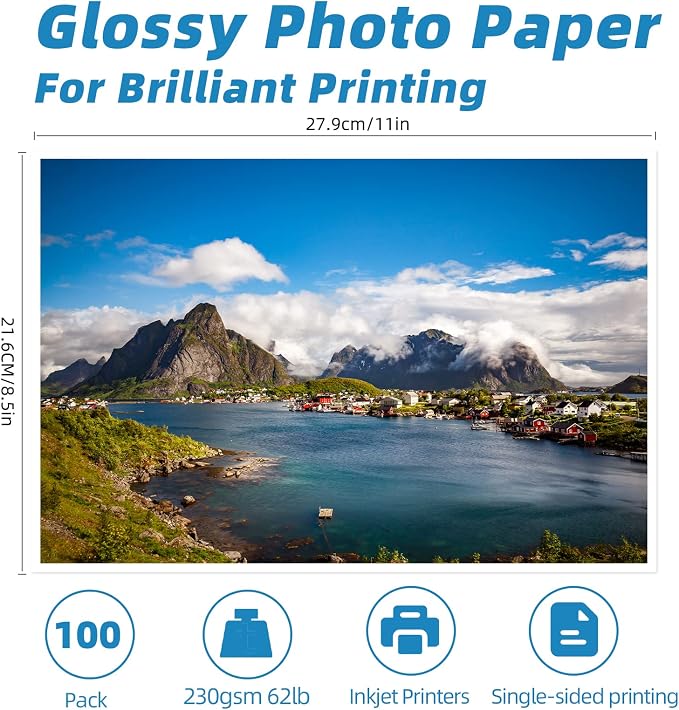 Uinkit 100 Sheets Thick Inkjet Glossy Photo Paper Picture 8.5x11 62lb 230g - Image 2