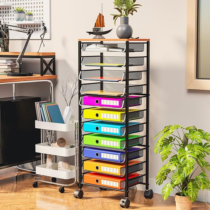 Simple Trending 12 Tier Rolling File Cart, Wood Desk File Organizer - Image 2