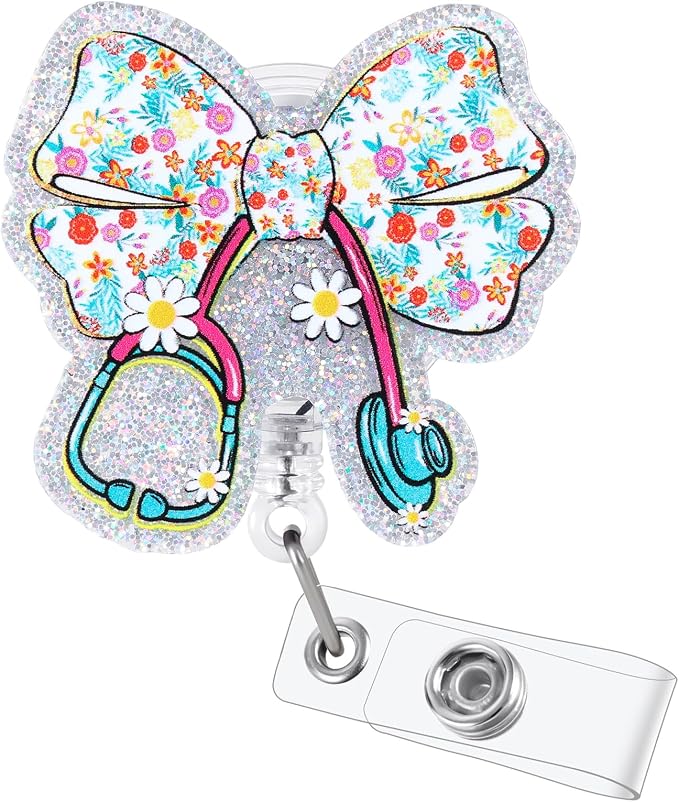 Cute Floral Bow Stethoscope Doctor Badge Reel, Funny Retractable ID Card by LINAYOHA