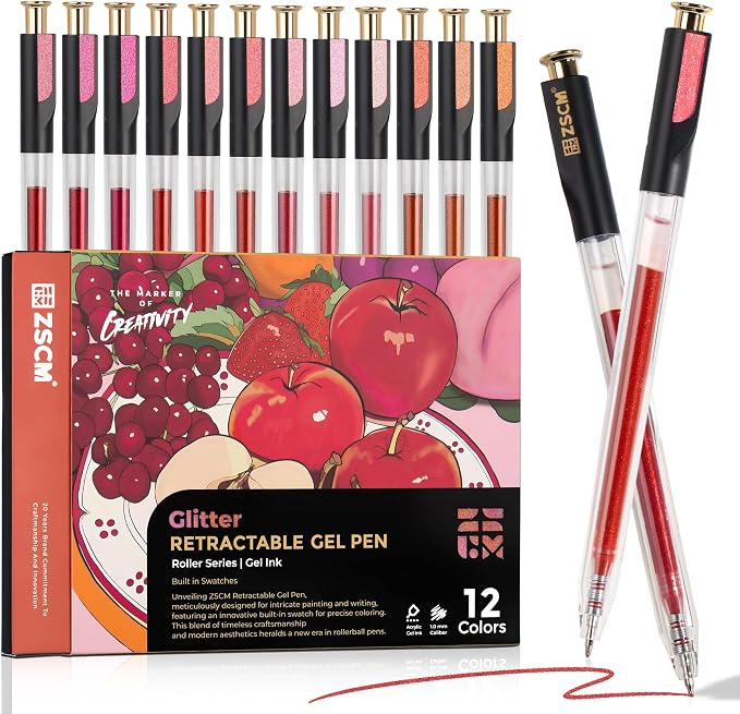 Retractable Glitter Gel Pens, 12 Colors Large Capacity Red Pink Glitter by ZSCM