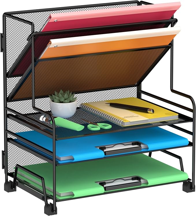 Desk File Organizer, 3-Tier Letter Tray Paper Organizer and 2-Pocket Metal by Delifox
