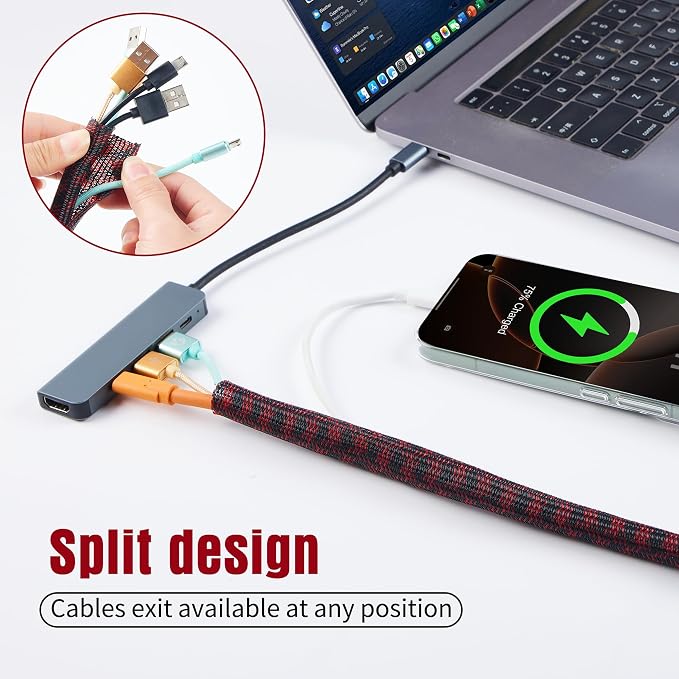 QCSIW Split Cable Sleeve, 25ft x 1 inch Black Red Braided Wire Loom - Image 6