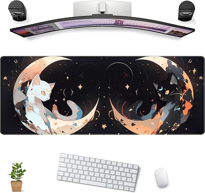 Cute Black White Cats Desk Mat Anime Cat Mouse Pad Kawaii Moon Desk Pad XL by DCJJM