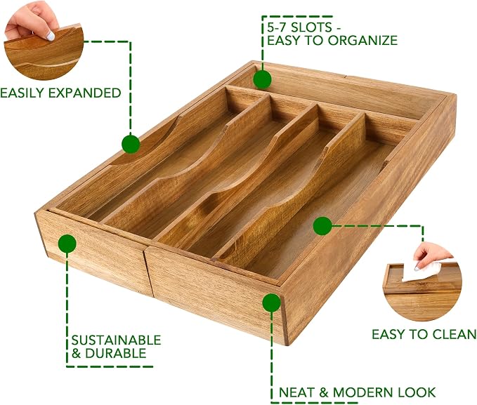oridom Expandable Acacia Kitchen Drawer Organizer - Image 3