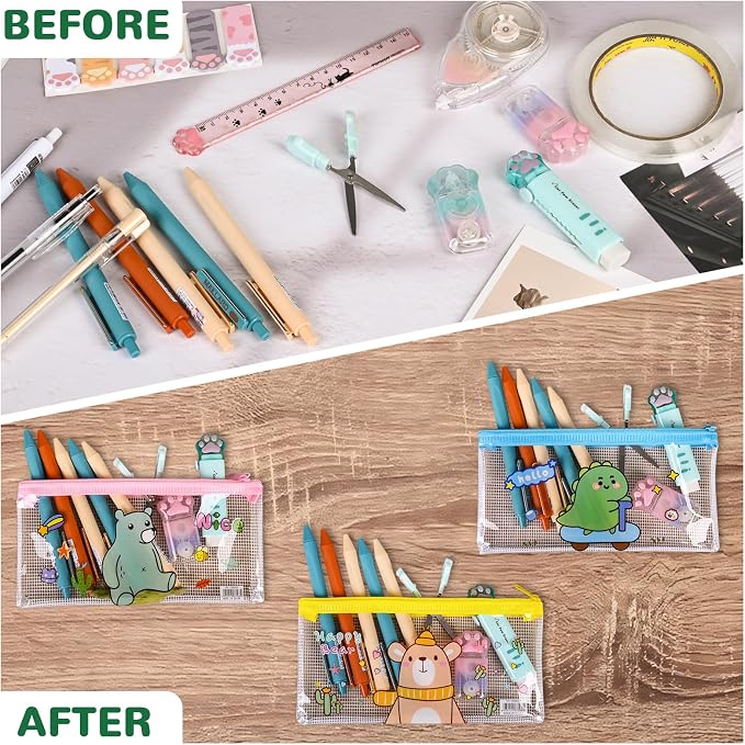 Ulema 24 Pcs Back to School Gifts Cartoon Mesh Pencil Pouch Bags Plastic Zipper - Image 5