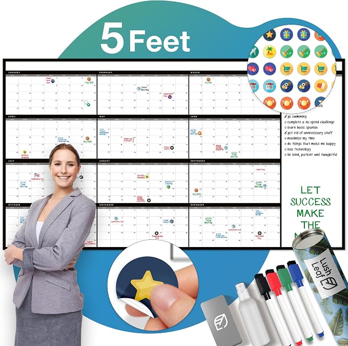 Large Dry Erase Calendar for Wall, Reusable by LushleafDesigns