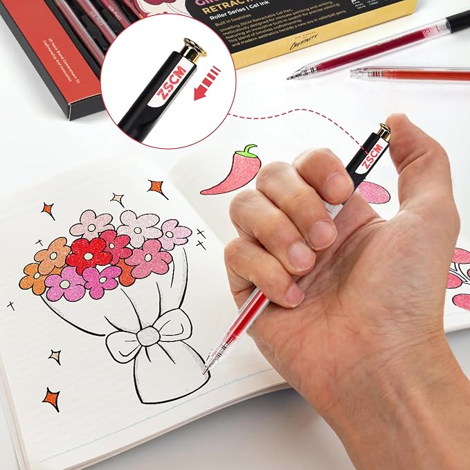 Retractable Glitter Gel Pens, 12 Colors Large Capacity Red Pink Glitter - Image 6