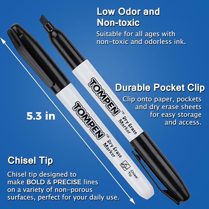 TOMPEN Dry Erase Markers Black, 160 Bulk Pack Chisel Tip, Low Odor Quick-Drying - Image 3