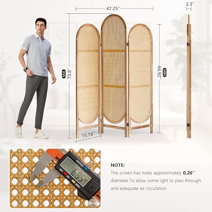 Asnefeli Room Divider 3 Panels, Hand-Woven Rattan Room Divider Wall, Foldable - Image 4