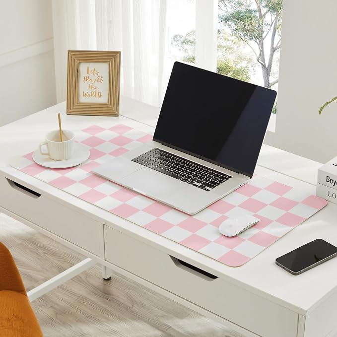 Ohocut Checkered Desk Mat, 31.5" x 15.7" Large Cute Pink Aesthetic Girl Women - Image 2