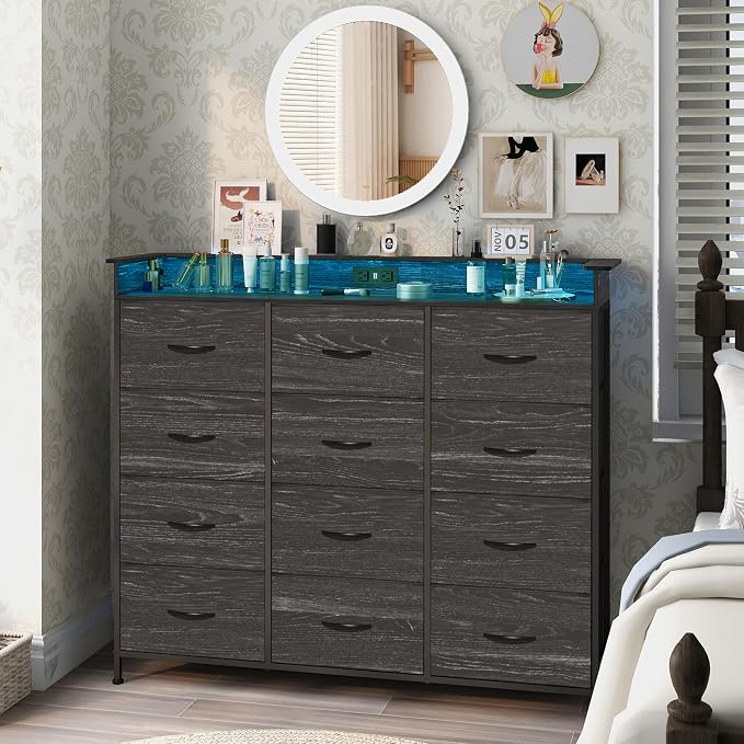 Welfuturer Black Dresser with LED Light 12 Drawers Dresser with Charging by EXOTICA