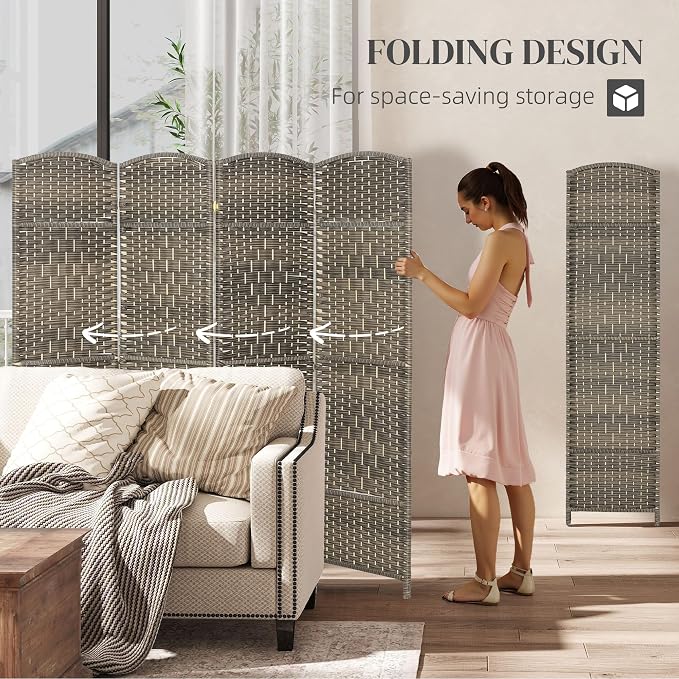 HOMCOM 4 Panel Room Divider, Hand-Woven Freestanding Wall Partition - Image 3