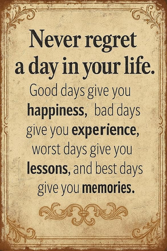 Vintage Inspirational Quote Metal Sign – Never Regret a Day in Your Life by SKYOCEAN