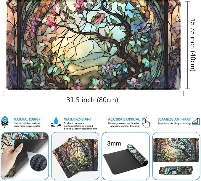 Stained Glass Tree Desk Mat Cartoon Tree Gaming Mouse Pad Large XXL Extended - Image 3