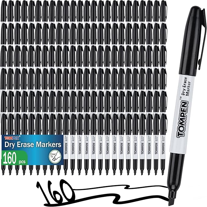 TOMPEN Dry Erase Markers Black, 160 Bulk Pack Chisel Tip, Low Odor Quick-Drying by TOMPEN
