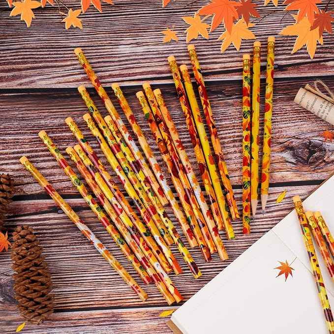 Kolewo4ever 200 Pieces Thanksgiving Pencils Assortment Cylinder Wood Pencil