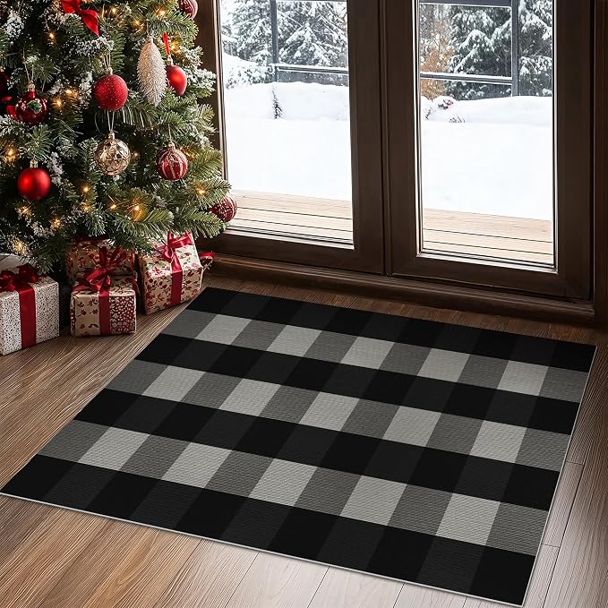 GENIMO Checkered Rug 27.5x44 inches Black and White Outdoor Rug Buffalo Plaid by GENIMO