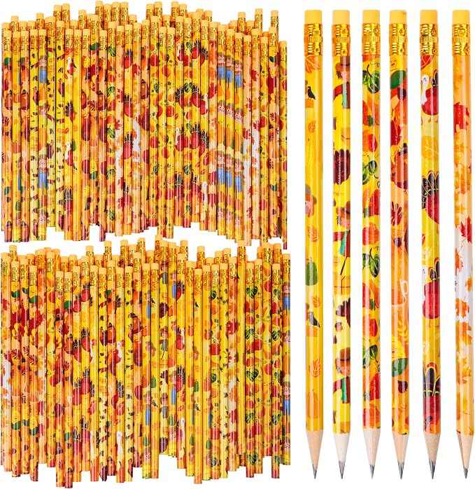 Kolewo4ever 200 Pieces Thanksgiving Pencils Assortment Cylinder Wood Pencil