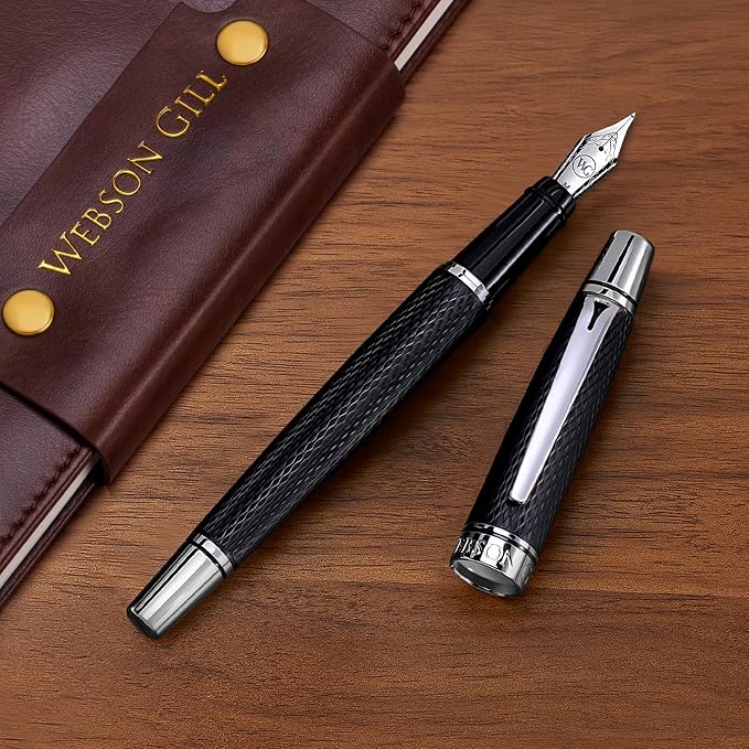 Webson Gill Show Up' Black Luxury Executive Fountain Pen, Woven Lacquer & Chrome - Image 5