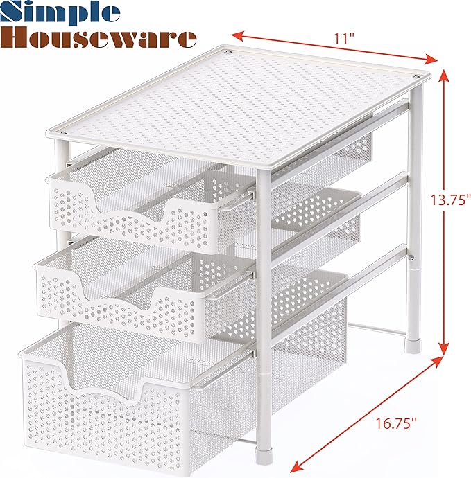 Simple Houseware 3 Tier White Alloy Steel Sliding Basket Organizer Drawer - Image 2