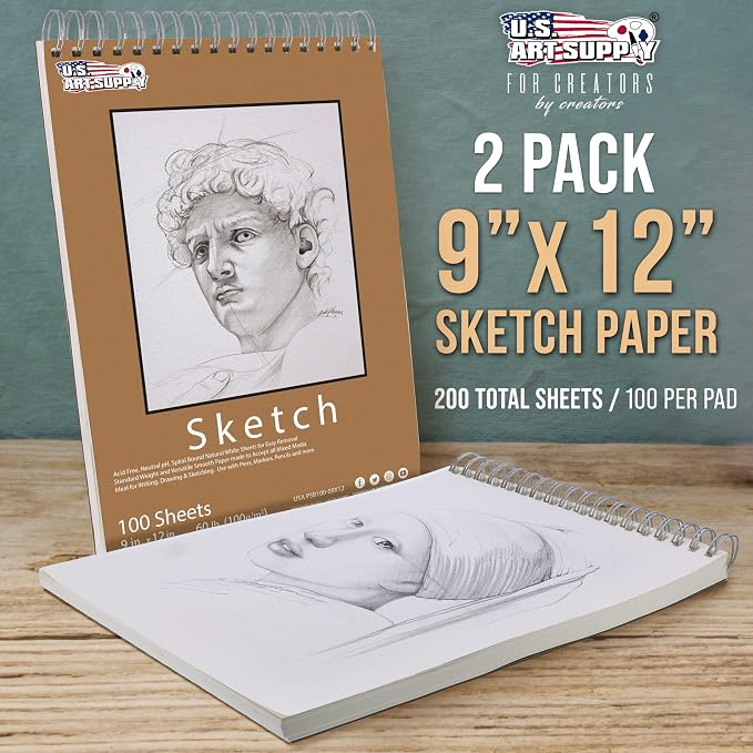U.S. Art Supply 9"x12" Top Spiral Bound Sketch Book, 2 Pack, 100 Sheets Each - Image 2