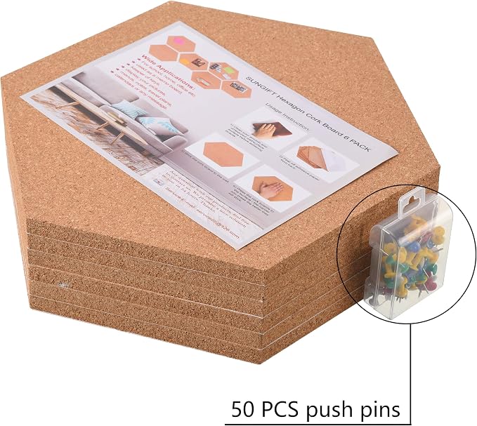 SUNGIFT Hexagon Cork Board Tiles Self Adhesive 6 Pack - Image 6