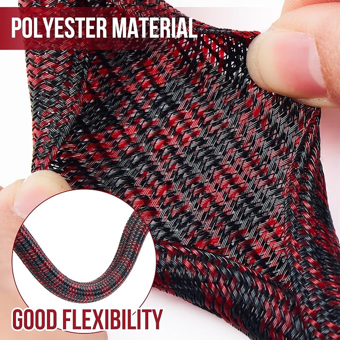 QCSIW Split Cable Sleeve, 3/8 inch 50ft Black Red Braided Wire Loom - Image 3
